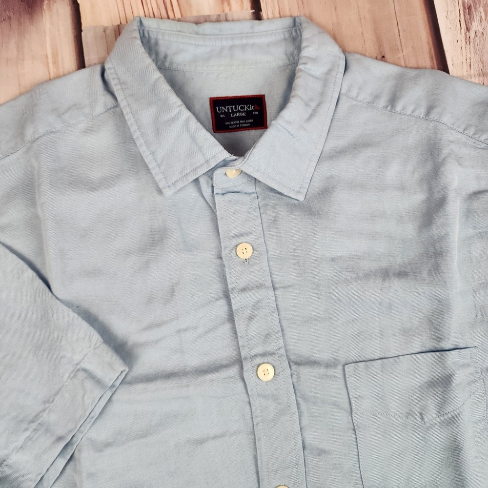 UNTUCKit Shirt Mens Large Hewitt Blue Linen Tencel Blend Button Up Short Sleeve